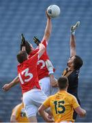 23 April 2016; Pádraig Rath and Conal McKeever, Louth, in action against goalkeeper Chris Kerr and Tomás McCann, Antrim. Allianz Football League, Division 4, Final, Louth v Antrim. Croke Park, Dublin. Picture credit: Ray McManus / SPORTSFILE