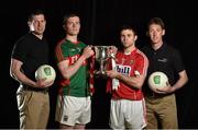 25 April 2016; Mayo U21 football captain Stephen Coen, left, and Cork captain Stephen Cronin with EirGrid ambassadors Sean Cavanagh, 2nd from left, and Trevor Giles, in Croke Park ahead of their teams meeting in the EirGrid GAA Football U21 All-Ireland Final 2016. The match will take place on Saturday, 30 April at 6pm in Cusack Park, Ennis.  Picture credit: Brendan Moran / SPORTSFILE