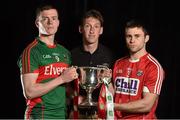 25 April 2016; Mayo U21 football captain Stephen Coen, left, and Cork captain Stephen Cronin, with EirGrid ambassador Trevor Giles, in Croke Park ahead of their teams meeting in the EirGrid GAA Football U21 All-Ireland Final 2016. The match will take place on Saturday, 30 April at 6pm in Cusack Park, Ennis.  Picture credit: Brendan Moran / SPORTSFILE