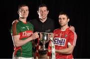 25 April 2016; Mayo U21 football captain Stephen Coen, left, and Cork captain Stephen Cronin, with EirGrid ambassador Sean Cavanagh, in Croke Park ahead of their teams meeting in the EirGrid GAA Football U21 All-Ireland Final 2016. The match will take place on Saturday, 30 April at 6pm in Cusack Park, Ennis.  Picture credit: Brendan Moran / SPORTSFILE