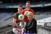 25 April 2016; Mayo U21 football captain Stephen Coen, left, and Cork captain Stephen Cronin, with Rosemary Steen, Director of Public Affairs, EirGrid, in Croke Park ahead of their teams meeting in the EirGrid GAA Football U21 All-Ireland Final 2016. The match will take place on Saturday, 30 April at 6pm in Cusack Park, Ennis.  Picture credit: Brendan Moran / SPORTSFILE
