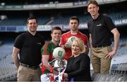 25 April 2016; Mayo U21 football captain Stephen Coen, 2nd from left, and Cork captain Stephen Cronin, with EirGrid ambassadors Sean Cavanagh, left, and Trevor Giles, and Rosemary Steen, Director of Public Affairs, EirGrid, in Croke Park ahead of their teams meeting in the EirGrid GAA Football U21 All-Ireland Final 2016. The match will take place on Saturday, 30 April at 6pm in Cusack Park, Ennis.  Picture credit: Brendan Moran / SPORTSFILE