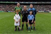 24 April 2016; Allianz mascots Conor Horan and Alex Ryan with referee Eddie Kinsella and team captains Bryan Sheehan, Kerry and Stephen Cluxton, Dublin, at the Dublin v Kerry game. Allianz Football League Division 1 Final, Dublin v Kerry. Croke Park, Dublin.  Picture credit: Brendan Moran / SPORTSFILE