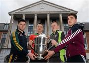 25 April 2016; Pictured with the Bob O'Keeffe cup at the Leinster Senior Hurling Championship, Round Robin Group launch are, from left, Conor Doughan, Offaly, Séamus Murphy, Carlow captain, Daniel Collins, Kerry captain, and Aonghus Clarke, Westmeath captain. Heritage Hotel, Portlaoise, Co. Laois. Picture credit: Piaras Ó Mídheach / SPORTSFILE
