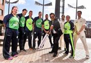 26 April 2016; Cricket Ireland have launched an ambitious five-year plan to become a mainstream sport, with the goal of taking the game to new audiences and beginning to rival the popularity of football, rugby and GAA by 2020. The KPC Group were unveiled at the event as main team sponsor for the next three years as well as headline sponsor of the forthcoming home series against Sri Lanka and Pakistan, and the prestigious Cricket Ireland Awards. In further good news at the event, Irish sports company O'Neills are putting their shirts on further success for the Ireland cricket team by extending their sponsorship deal for a further four years to the end of the decade. Cricket Ireland and O’Neills also revealed plans for an exciting new joint venture between both parties to launch a new online store where people can buy replica kit, leisure wear and cricket equipment and accessories. For more information please see www.cricketireland.ie. Pictured at the launch of the Cricket Ireland Strategic Plan is Dr. Kali Pradip Chaudhuri, Chairman and founder of the KPC group, showing off his cricket skills to Ireland players, from left, Laura Delany, Ed Joyce, Kevin O'Brien, Peter Chase, Max Sorensen, Andrew Balbirnie, Isobel Joyce and George Dockrell. Lighthouse Cinema / Smithfield Square, Smithfield, Dublin 7. Picture credit: David Maher / SPORTSFILE