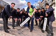 26 April 2016; Cricket Ireland have launched an ambitious five-year plan to become a mainstream sport, with the goal of taking the game to new audiences and beginning to rival the popularity of football, rugby and GAA by 2020. The KPC Group were unveiled at the event as main team sponsor for the next three years as well as headline sponsor of the forthcoming home series against Sri Lanka and Pakistan, and the prestigious Cricket Ireland Awards. In further good news at the event, Irish sports company O'Neills are putting their shirts on further success for the Ireland cricket team by extending their sponsorship deal for a further four years to the end of the decade. Cricket Ireland and O’Neills also revealed plans for an exciting new joint venture between both parties to launch a new online store where people can buy replica kit, leisure wear and cricket equipment and accessories. For more information please see www.cricketireland.ie. Pictured at the launch of the Cricket Ireland Strategic Plan was Ireland International Kevin O'Brien with pupils from St Vincent's Castleknock College, Co. Dublin. Smithfield Square, Smithfield, Dublin 7.  Picture credit: David Maher / SPORTSFILE
