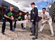 26 April 2016; Cricket Ireland have launched an ambitious five-year plan to become a mainstream sport, with the goal of taking the game to new audiences and beginning to rival the popularity of football, rugby and GAA by 2020. The KPC Group were unveiled at the event as main team sponsor for the next three years as well as headline sponsor of the forthcoming home series against Sri Lanka and Pakistan, and the prestigious Cricket Ireland Awards. In further good news at the event, Irish sports company O'Neills are putting their shirts on further success for the Ireland cricket team by extending their sponsorship deal for a further four years to the end of the decade. Cricket Ireland and O’Neills also revealed plans for an exciting new joint venture between both parties to launch a new online store where people can buy replica kit, leisure wear and cricket equipment and accessories. For more information please see www.cricketireland.ie. Pictured at the launch of the Cricket Ireland Strategic Plan were Callum O'Byrne, age 13 from St Vincent's Castleknock College, Co. Dublin, with Ireland Internationals from left, Peter Chase, Max Sorensen, Andrew Balbirnie and George Dockrell. Smithfield Square, Smithfield, Dublin 7.  Picture credit: David Maher / SPORTSFILE