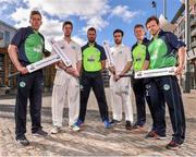 26 April 2016; Cricket Ireland have launched an ambitious five-year plan to become a mainstream sport, with the goal of taking the game to new audiences and beginning to rival the popularity of football, rugby and GAA by 2020. The KPC Group were unveiled at the event as main team sponsor for the next three years as well as headline sponsor of the forthcoming home series against Sri Lanka and Pakistan, and the prestigious Cricket Ireland Awards. In further good news at the event, Irish sports company O'Neills are putting their shirts on further success for the Ireland cricket team by extending their sponsorship deal for a further four years to the end of the decade. Cricket Ireland and O’Neills also revealed plans for an exciting new joint venture between both parties to launch a new online store where people can buy replica kit, leisure wear and cricket equipment and accessories. For more information please see www.cricketireland.ie. Pictured at the launch of the Cricket Ireland Strategic Plan were Ireland Internationals from left, Peter Chase, George Dockrell, Max Sorensen, Andrew Balbirnie, Kevin O'Brien and Ed Joyce. Smithfield Square, Smithfield, Dublin 7.  Picture credit: David Maher / SPORTSFILE