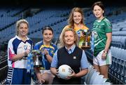 26 April 2016; Ciara Freeman, Lidl, with Lidl Ladies National Football League captains from left, Sinead Ryan, Waterford, Edel Hanley, Tipperary, Jenny McCavana, Antrim, and Dymphna O'Brien, Limerick, at the Lidl Ladies Football National League Division 3 & 4 Media Day. Croke Park, Dublin. Picture credit: Sam Barnes / SPORTSFILE