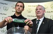 26 April 2016; Former Republic of Ireland International Keith Fahey, with FAI President Tony Fitzgerald, draws the name of St. Peter's, Athlone, during the2016 Irish Daily Mail FAI Cup Draw. Aviva Stadium, Lansdowne Road, Dublin. Picture credit: David Maher / SPORTSFILE