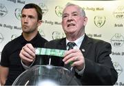 26 April 2016; FAI President Tony Fitzgerald, and former Republic of Ireland International Keith Fahey, draws the name of Cork City during the2016 Irish Daily Mail FAI Cup Draw. Aviva Stadium, Lansdowne Road, Dublin. Picture credit: David Maher / SPORTSFILE