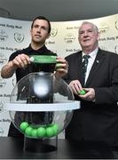 26 April 2016; Former Republic of Ireland International Keith Fahey, and FAI President Tony Fitzgerald, draws the name of Drogheda United during the 2016 Irish Daily Mail FAI Cup Draw. Aviva Stadium, Lansdowne Road, Dublin. Picture credit: David Maher / SPORTSFILE