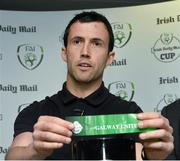 26 April 2016; Former Republic of Ireland International Keith Fahey draws the name of Galway United during the 2016 Irish Daily Mail FAI Cup Draw. Aviva Stadium, Lansdowne Road, Dublin. Picture credit: David Maher / SPORTSFILE