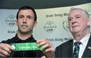 26 April 2016; Former Republic of Ireland International Keith Fahey, and FAI President Tony Fitzgerald, draws the name of Crumlin United during the2016 Irish Daily Mail FAI Cup Draw. Aviva Stadium, Lansdowne Road, Dublin. Picture credit: David Maher / SPORTSFILE
