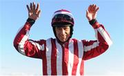 26 April 2016; Jockey Davy Russell celebrates after winning the Growise Champion Novice Steeplechase on Zabana. Punchestown, Co. Kildare. Picture credit: Seb Daly / SPORTSFILE