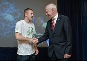 27 April 2016; Patrick Hickey, President, Olympic Council of Ireland, congratulates boxer Paddy Barnes on being named as flagbearer for Team Ireland for the forthcoming Rio Olympic Games during a press conference to celebrate 100 Days out from the Rio Olympic Games. Conrad Hotel, Dublin. Picture credit: Brendan Moran / SPORTSFILE