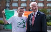 27 April 2016; Patrick Hickey, President, Olympic Council of Ireland, with boxer Paddy Barnes after he was named as flagbearer for Team Ireland for the forthcoming Rio Olympic Games during a press conference to celebrate 100 Days out from the Rio Olympic Games. Conrad Hotel, Dublin. Picture credit: Brendan Moran / SPORTSFILE