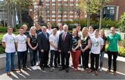 27 April 2016; Patrick Hickey, President, Olympic Council of Ireland, and Kevin Kilty, Chef de Mission, Team Ireland with members of Team Ireland, from left, David Oliver Joyce, boxing, Oliver Dingley, Diving, Aoife Clark, Equestrian, Ellis O'Reilly, Gymnastics, Annalise Murphy, Sailing, Arthur Lanigan O'Keeffe, Modern Pentathlon, Paddy Barnes, Boxing, Joseph Murphy, Equestrian, Judy Reynolds, Equestrian, Cathal Daniels, Equestrian, Clare Abbott, Equestrian, Michael Conlan, Boxing, Kieran behan, Gymnastics, Fionnuala McCormack, Athletics and Mitch Darling, Hockey, for the forthcoming Rio Olympic Games during a press conference to celebrate 100 Days out from the Rio Olympic Games. Conrad Hotel, Dublin. Picture credit: Brendan Moran / SPORTSFILE