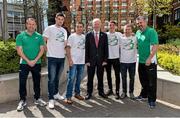 27 April 2016; Patrick Hickey, centre, President, Olympic Council of Ireland, with boxers, from 2nd left, Joe Ward, David Oliver Joyce, Michael Conlan and Paddy Barnes and coaches Eddie Bolger, left, and John Conlan, after a press conference to celebrate 100 Days out from the Rio Olympic Games. Conrad Hotel, Dublin. Picture credit: Brendan Moran / SPORTSFILE