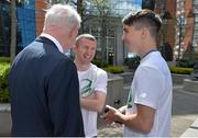 27 April 2016; Patrick Hickey, left, President, Olympic Council of Ireland, with Team Ireland boxers Paddy Barnes and Michael Conlan after a press conference to celebrate 100 Days out from the Rio Olympic Games. Conrad Hotel, Dublin. Picture credit: Brendan Moran / SPORTSFILE