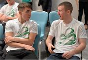 27 April 2016; Team Ireland boxers Michael Conlan, left, and Paddy Barnes in conversation before a press conference to celebrate 100 Days out from the Rio Olympic Games. Conrad Hotel, Dublin. Picture credit: Brendan Moran / SPORTSFILE