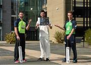 27 April 2016; Cricket Ireland have launched an ambitious five-year plan to become a mainstream sport, with the goal of taking the game to new audiences and beginning to rival the popularity of football, rugby and GAA by 2020. The KPC Group were unveiled at the event as main team sponsor for the next three years as well as headline sponsor of the forthcoming home series against Sri Lanka and Pakistan, and the prestigious Cricket Ireland Awards. In further good news at the event, Irish sports company O'Neills are putting their shirts on further success for the Ireland cricket team by extending their sponsorship deal for a further four years to the end of the decade. Cricket Ireland and O’Neills also revealed plans for an exciting new joint venture between both parties to launch a new online store where people can buy replica kit, leisure wear and cricket equipment and accessories. For more information please see www.cricketireland.ie. Pictured at the launch of the Cricket Ireland Strategic Plan are Ireland Cricketers, from left, Stuart Thompson, Andrew Balbirnie and Andy McBrine. Ulster University Jordanstown, Belfast, Co. Antrim. Picture credit: Oliver McVeigh / SPORTSFILE