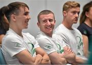 27 April 2016; Team Ireland boxer Paddy Barnes, centre, reacts on being announced as the Team Ireland flagbearer for the forthcoming Rio Olympic Games during a press conference to celebrate 100 Days out from the Rio Olympic Games. Conrad Hotel, Dublin. Picture credit: Brendan Moran / SPORTSFILE