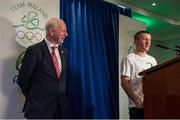 27 April 2016; Team Ireland boxer Paddy Barnes, in the company of Patrick Hickey, President, Olympic Council of Ireland, says a few words after being announced as the flagbearer for the forthcoming Rio Olympic Games at a press conference to celebrate 100 Days out from the Rio Olympic Games. Conrad Hotel, Dublin. Picture credit: Brendan Moran / SPORTSFILE
