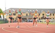 16 May 2010; Niamh Whelan, Ferrybank AC, 590, crosses the finish line to win the Women's 100m from second place Kelly Proper, 511, Ferrybank AC, third place Joan Healy, Bandon AC. and fourth place Sarah Lavin, 684, Emerald AC. Woodie’s DIY AAI Games and Relay Championship, Castleisland, Co. Kerry. Picture credit: Diarmuid Greene / SPORTSFILE