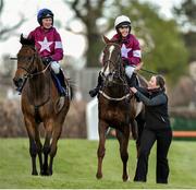 27 April 2016; Katie Walsh, on Blow By Blow, right, with Nina Carberry, on Grotesque, after winning the Attheraces.com Champion I.N.H. Flat Race. Punchestown, Co. Kildare. Picture credit: Matt Browne / SPORTSFILE