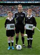 23 April 2016; Referee Jerome Henry with Ciarán Kirk, left, and Daragh McCabe, both aged 12, before the game. Allianz Football League, Division 4, Final, Louth v Antrim. Croke Park, Dublin. Picture credit: Piaras Ó Mídheach / SPORTSFILE
