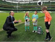 28 April 2016; Republic of Ireland manager Martin O’Neill was on hand at the Aviva Stadium today to launch the 2016 SportsDirect.com FAI Summer Soccer Schools programme. The SportsDirect.com Summer Soccer Schools programme is the FAI’s largest grass roots programme and one of the most important as it encourages children’s involvement in sport, in a fun and friendly environment. Camps begin on July 4th and run right through to August 28th and are priced at €65. Pictured at the launch are, from left to right, Republic of Ireland manager Martin O’Neill, Sadhbh McKane,Braydon Roche and Benjamin Lynch. Aviva Stadium, Lansdowne Road, Dublin. Picture credit: Seb Daly / SPORTSFILE