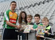 28 April 2016; Cúl Heroes is the official trading card of the GAA/GPA which provides an innovative way of promoting Gaelic Games, the players and the unique skills of our national games. For the first year, the collection will include 486 footballers and hurlers from around the country and a collection book for storing each player. In today's environment, with issues like obesity and mental health effecting our youth, Cúl Heroes, along with the GAA and GPA, saw an opportunity to communicate directly with our young members using the cards to portray positive messages around diet and emotional well-being. Also launched today was Cúl Heroes magazine, an action packed monthly read. Pictured at the launch is brand ambassador and Kilkenny hurler TJ Reid, with from left, 28 April 2016; Cúl Heroes is the official trading card of the GAA/GPA which provides an innovative way of promoting Gaelic Games, the players and the unique skills of our national games. For the first year, the collection will include 486 footballers and hurlers from around the country and a collection book for storing each player. In today's environment, with issues like obesity and mental health effecting our youth, Cúl Heroes, along with the GAA and GPA, saw an opportunity to communicate directly with our young members using the cards to portray positive messages around diet and emotional well-being. Also launched today was Cúl Heroes magazine, an action packed monthly read. Pictured at the launch is brand ambassador and Dublin footballer James McCarthy, with from left, Niamh McCormack, Finn McCormack, Ter Guinan and Brian Guinan. Croke Park, Dublin. Croke Park, Dublin. Picture credit: Sam Barnes / SPORTSFILE