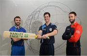 29 April 2016; North West Warriors’ Stuart Thompson, Leinster Lightning’s George Dockrell and Northern Knights’ Nigel Jones at the launch of the 2016 Hanley Energy Inter-Provincial Series at Hanley Energy’s headquarters in Stamullen, Co. Meath. The 2016 Hanley Energy Inter-Provincial Series gets underway on Monday May 2nd, with the Northern Knights taking on the Leinster Lightning at Stormont in the Hanley Energy Inter-Provincial 50-over Cup. A full list of fixtures are available on www.cricketireland.ie. Hanley Energy, City North Business Park, Co. Meath. Picture credit: Oliver McVeigh / SPORTSFILE