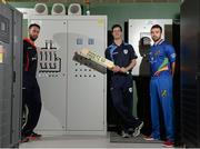29 April 2016; Northern Knights’ Nigel Jones, Leinster Lightning’s George Dockrell and North West Warriors’ Stuart Thompson at the launch of the 2016 Hanley Energy Inter-Provincial Series at Hanley Energy’s headquarters in Stamullen, Co. Meath. The 2016 Hanley Energy Inter-Provincial Series gets underway on Monday May 2nd, with the Northern Knights taking on the Leinster Lightning at Stormont in the Hanley Energy Inter-Provincial 50-over Cup. A full list of fixtures are available on www.cricketireland.ie. Hanley Energy, City North Business Park, Co. Meath. Picture credit: Oliver McVeigh / SPORTSFILE