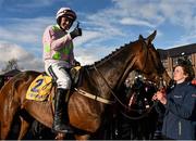 28 April 2016; Ruby Walsh celebrates in the parade ring after winning the Ryanair Novice Steeplechase on Douvan. Punchestown, Co. Kildare. Picture credit: Cody Glenn / SPORTSFILE