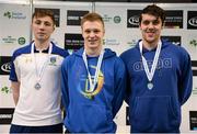 28 April 2016; Men's 200m Freestyle medallists from left, Dean Power, UCD SC, bronze, Gerry Quinn, Longford SC, Gold, and Jordan Sloan, Bangor SC, silver. Irish Open Long Course Swimming Championships, National Aquatic Centre, National Sports Campus, Abbotstown, Dublin. Picture credit: Sam Barnes / SPORTSFILE
