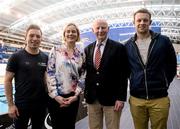 28 April 2016; Oliver Dingley, Olympic Diver, Sarah Keane, CEO Swim Ireland, Pat Hickey, President of Ireland Olympic Council and Chris Bryan, International Swimmer, in attendance at the Irish Open Long Course Swimming Championships. Irish Open Long Course Swimming Championships, National Aquatic Centre, National Sports Campus, Abbotstown, Dublin. Picture credit: Sam Barnes / SPORTSFILE
