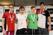 28 April 2016; Mens 1500m Freestyle medallists, from left, Daniel Wiffern, Lisburn SC, bronze, Andrew Meegan, Aer Lingus SC, gold, Hugh McMahon Ennis SC, silver, and Gabriel Jegher, SK Bern, commerative gold . Irish Open Long Course Swimming Championships, National Aquatic Centre, National Sports Campus, Abbotstown, Dublin. Picture credit: Sam Barnes / SPORTSFILE