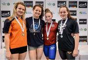 28 April 2016; Women's 200m butterfly medallists, from left, Clodagh Flood, Tallaght SC, bronze, Tain Bruce, East District SC, Scotland, commemorative gold, Ellen Walsh Templeouge SC, gold, and Sarah Kelly, Claremorris SC, silver. Irish Open Long Course Swimming Championships, National Aquatic Centre, National Sports Campus, Abbotstown, Dublin. Picture credit: Sam Barnes / SPORTSFILE