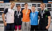 28 April 2016; Mens 200m butterfly medallists, from left, Nico Van Duijn, Limmat Sharks SC, Switzerland, commemorative bronze, Robert Powell, Athlone SC, bronze, Brendan Hyland, Tallaght SC, gold, Calum Reid, East District SC, Scotland, commemorative silver, and James Brown, Ards SC, silver. Irish Open Long Course Swimming Championships, National Aquatic Centre, National Sports Campus, Abbotstown, Dublin. Picture credit: Sam Barnes / SPORTSFILE