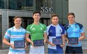 29 April 2016; Pictured at the launch of Sports Surgery Clinic’s pilot study to assess the effects of rehabilitation post concussion in adolescent rugby players and the development of a Concussion Passport screening service are Senior cup players from left, Liam Turner, Blackrock College, Micheál O'Kennedy, Gonzaga College, Jordan Larmour, St Andrews College, and Scott Penny, St Michael's College. Sports Surgery Clinic, Santry Demesne, Dublin 9.  Picture credit: Piaras Ó Mídheach / SPORTSFILE