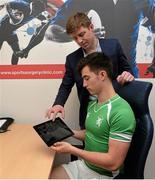 29 April 2016; Pictured at the launch of Sports Surgery Clinic’s pilot study to assess the effects of rehabilitation post concussion in adolescent rugby players and the development of a Concussion Passport screening service is Colm Fuller, lead musculoskeletal physiotherapist at Sports Surgery Clinic, with Micheál O'Kennedy, Gonzaga College Senior Cup team. Sports Surgery Clinic, Santry Demesne, Dublin 9.  Picture credit: Piaras Ó Mídheach / SPORTSFILE