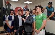29 April 2016; Pictured at the launch of Sports Surgery Clinic’s pilot study to assess the effects of rehabilitation post concussion in adolescent rugby players and the development of a Concussion Passport screening service are, from left, Jordan Larmour, St Andrews College, Colm Fuller, lead musculoskeletal physiotherapist at Sports Surgery Clinic, Dr Ciaran Cosgrave, Consultant in Sports & Exercise Medicine at Sports Surgery Clinic and lead doctor for Leinster Rugby, Scott Penny, St Michael's College, Liam Turner, Blackrock College, and Micheál O'Kennedy, Gonzaga College. Sports Surgery Clinic, Santry Demesne, Dublin 9.  Picture credit: Piaras Ó Mídheach / SPORTSFILE