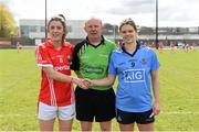 23 April 2016; Team captains Ciara O'Sullivan, Cork, and Noelle Healy, Dublin shake hands alongside referee Gerry Carmody. Lidl Ladies Football National League, Division 1, semi-final, Cork v Dublin. St Brendan's Park, Birr, Co. Offaly. Picture credit: Ramsey Cardy / SPORTSFILE
