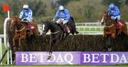 29 April 2016; Avant Tout, left, with Paul Townend up, jumps the last fence alongside Mr Diablo, centre, with Luke Dempsey up, who finished second, and Pairofbrowneyes, right, with Mikey Fogarty up, who finished third, on their way to winning the EMS Copiers Novice Handicap Steeplechase. Punchestown, Co. Kildare. Picture credit: Seb Daly / SPORTSFILE