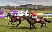 29 April 2016; Definite Ruby, with Jack Kennedy up, cross the line to win the Hanlon Concrete E.B.F. Glencarraig Lady Mares Handicap Steeplechase ahead of Padraig's Joy, with Phillip Enright up, right, and Cresswell Breeze, with Jonathan Moore up, centre. Punchestown, Co. Kildare. Picture credit: Cody Glenn / SPORTSFILE