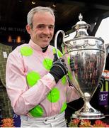 29 April 2016; Ruby Walsh holds the trophy after winning the BETDAQ Punchestown Champion Hurdle on Vroum Vroum Mag. Punchestown, Co. Kildare. Picture credit: Seb Daly / SPORTSFILE