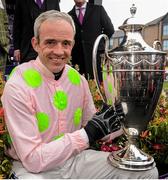 29 April 2016; Ruby Walsh holds the trophy after winning the BETDAQ Punchestown Champion Hurdle on Vroum Vroum Mag. Punchestown, Co. Kildare. Picture credit: Seb Daly / SPORTSFILE