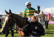 29 April 2016; Jockey Barry Geraghty gives the thumbs-up as he is led into the winner's enclosure after winning the Tattersalls Ireland Champion Novice Hurdle on Jer's Girl. Punchestown, Co. Kildare. Picture credit: Seb Daly / SPORTSFILE